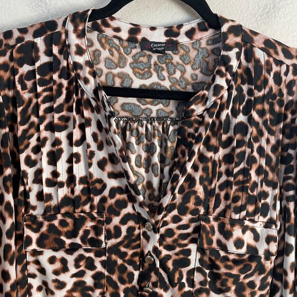 Cocomo Womens Plus 1X Leopard Tunic Top V Neck Roll Tab Sleeve Blouse Stretch - Picture 7 of 9